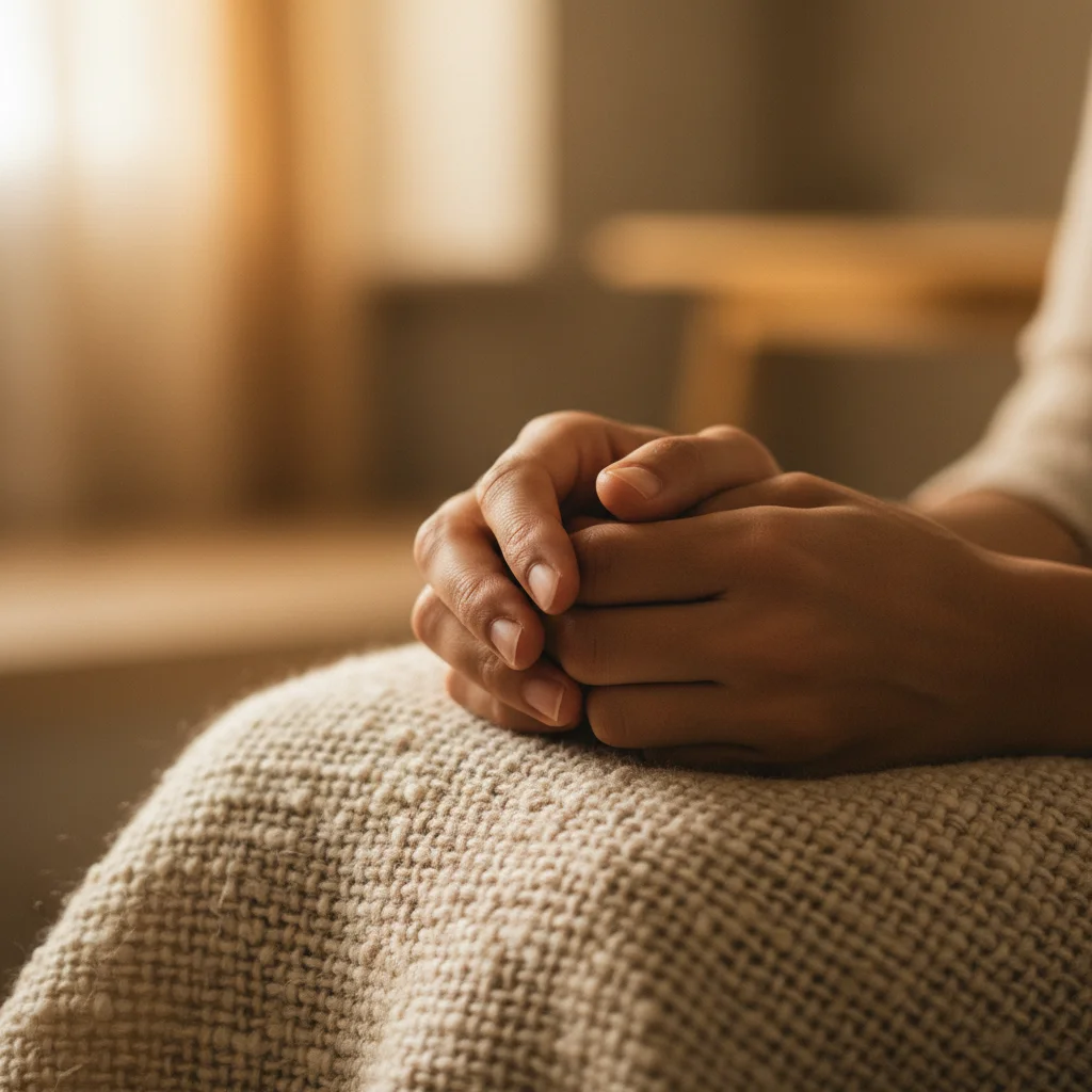 Hands clasped on woven fabric in warm natural light