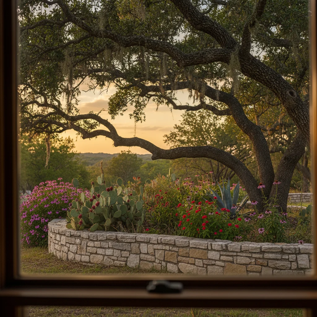 Hill Country live oak tree in warm afternoon light, Austin Texas